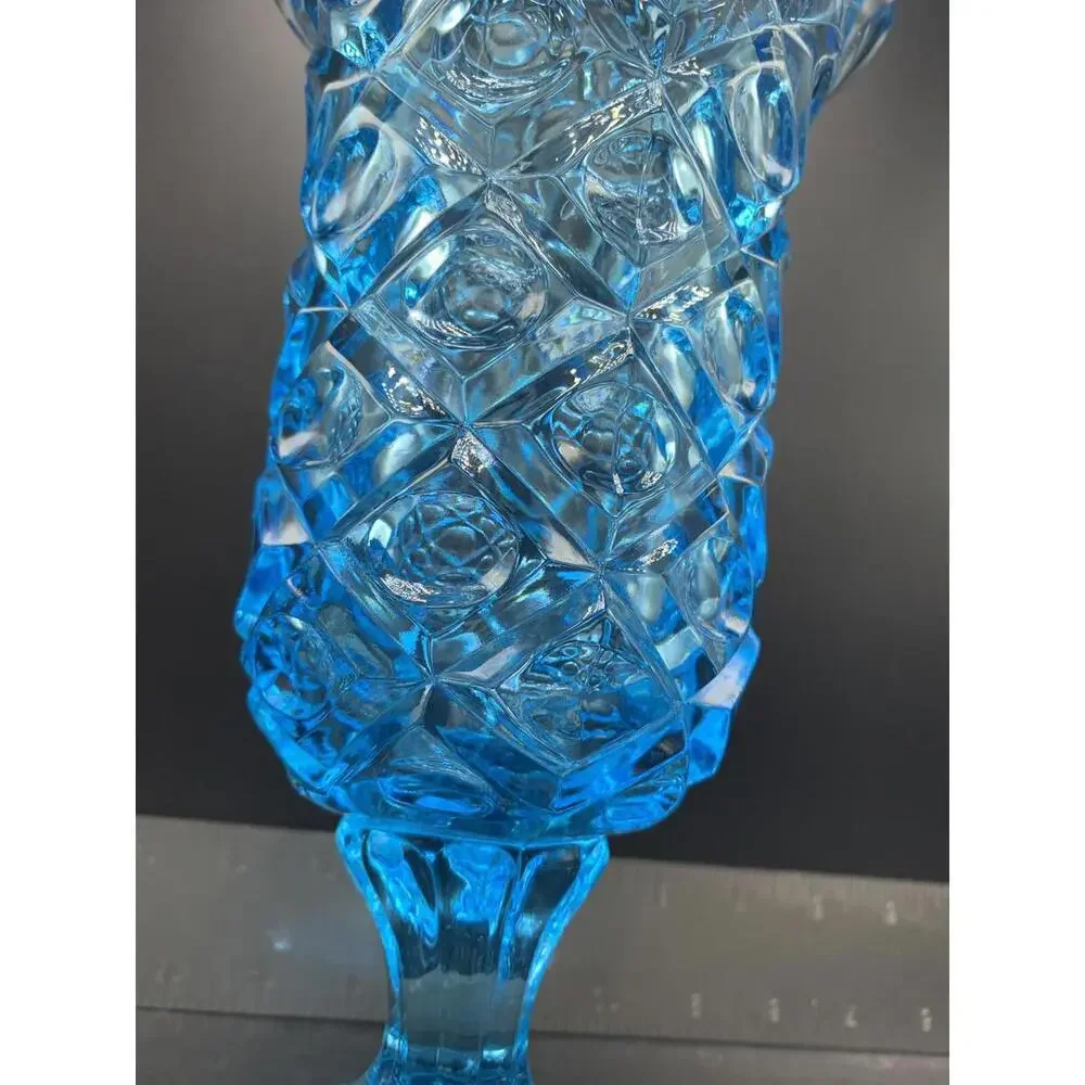 Vintage Blue Glass Candy Covered Lid Dish Vase Pedestal - Picture 4 of 11